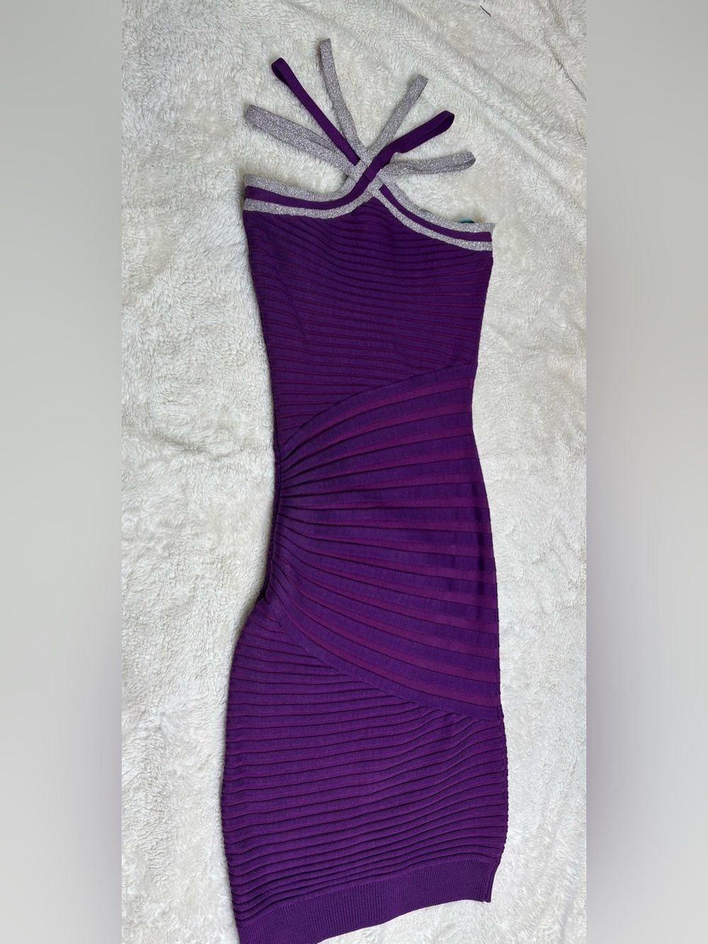 Vintage Marciano Purple Ribbed Bodycon Midi Dress Purple And Sparkle Criss Cross